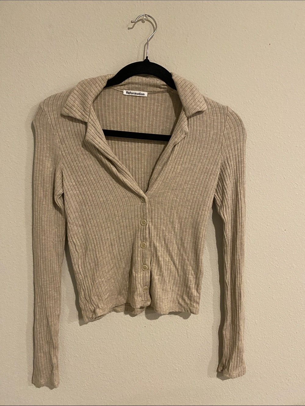 Reformation Cream Ribbed Collared Button Cardigan xs